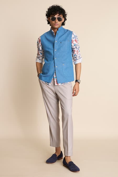 Gargee Designers Blue Cotton Denim Bundi 