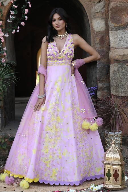 Nitisha Kashyap Official Purple Net, Silk Cut Work, Zari, Embroidery, Tie And Dye Anarkali With Dupatta 