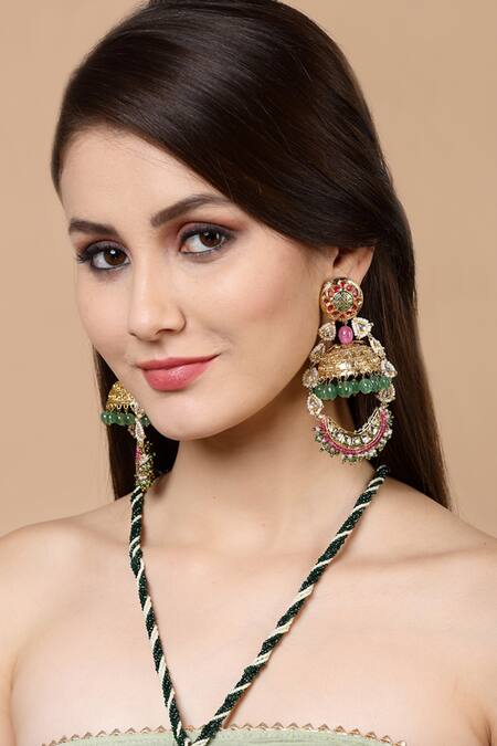 Shop Dugran By Dugristyle Cream Pearls, Stones Embellished Jhumkas at Aza Fashions Shop_Dugran By Dugristyle_Cream Pearls, Stones Embellished Jhumkas _at_Aza_Fashions