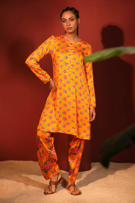 Buy_Shetab Kazmi_Orange Modal, Satin Round Neck Floral Digital Print Kurta Salwar Set _Online_at_Aza_Fashions