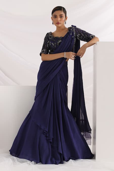 Smriti by Anju Agarwal Ultramarine Pre-Draped Saree With Blouse 