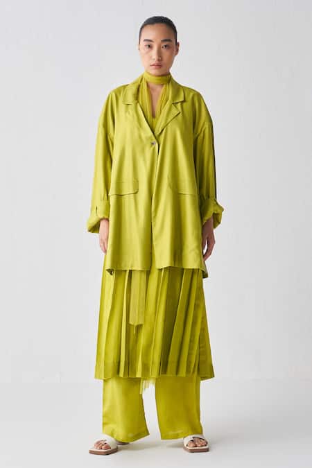 Three Green Tunic Crepe Jacket Lapel Wide Sleeve Pant Set 