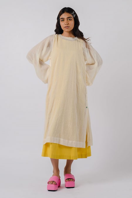 Tussah By Siddhi Shah Yellow Cotton Embroidery Round Neck Solid Dress With Printed Overlay 