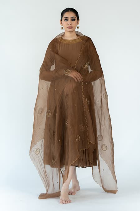 Buy_Nirjara_Brown Chanderi Cotton Embroidery Round Neck Neckline Jama _Online_at_Aza_Fashions