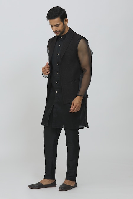 Buy Black Color Cotton Fabric Kurta Pajama with Black Jacket Online