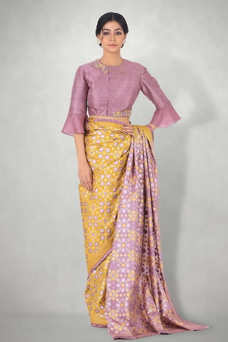 I am Design Purple Raw Silk Floral And Kantha Round Neckline Crop Top