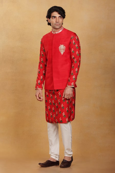 Masaba Red Raw Silk Embroidered Aari Bundi