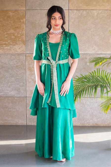 Cupid Cotton Green Chanderi Silk Pearls, Zari, Embroidery Sweetheart Anarkali With Jacket 