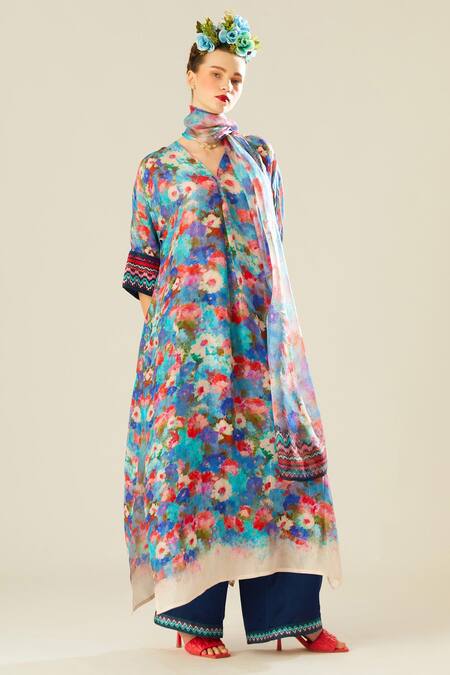 Buy_Rajdeep Ranawat_Blue Satin Plain Paloma Straight Printed Hem Pant  _Online_at_Aza_Fashions