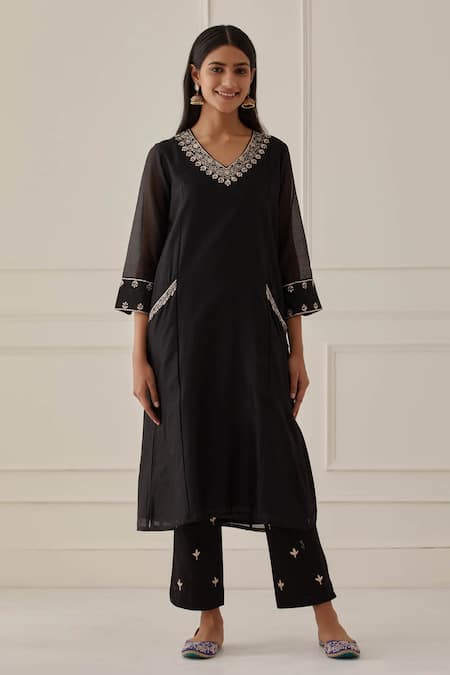 Kamaltaas Black Chanderi Silk Embroidery Gota V Neck Straight Kurta And Pant Set  