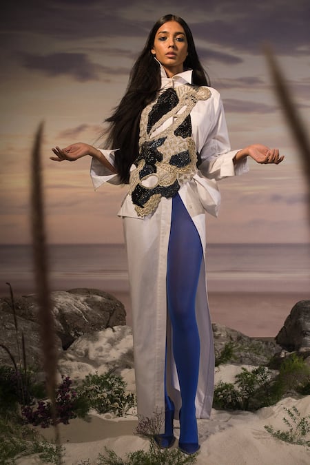 AK-OK Blue Cotton, Lycra Beads Asymmetric Embellished Cut-out Holster 