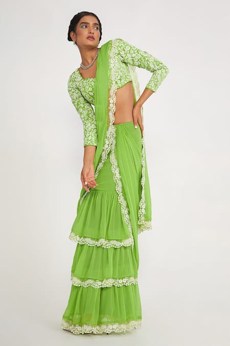 Asaga Green Silk, Georgette Embroidery Sweetheart Flora Pre-draped Tiered Saree Set