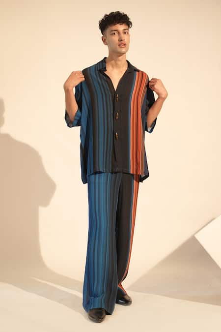 Nikita Mhaisalkar Blue Double Georgette Print Stripe Pattern Shirt With Pant 