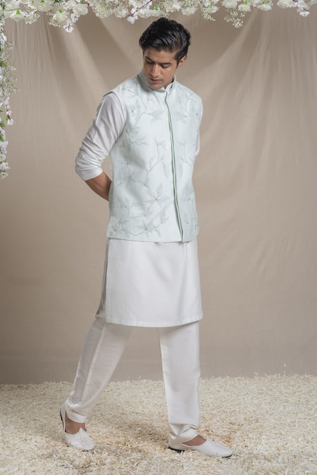 Sanjev Marwaaha Cotton Silk Embroidered Snow Flower Bundi Kurta Set 