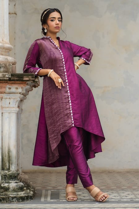 Sheela Suthar Purple Dupion Silk Embroidery Zardozi Placket Kurta And Pant Set 