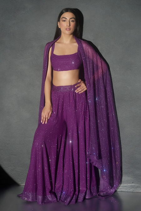 Itrh Purple Italian Crepe And Silk Emma Bralette & Kalidar Sharara Set  