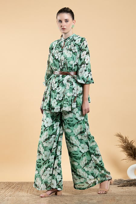 Divi By Sonal Khandelwal Green Bamboo, Georgette Bandeau Neck Wild Apple Print Top And Palazzo Set 