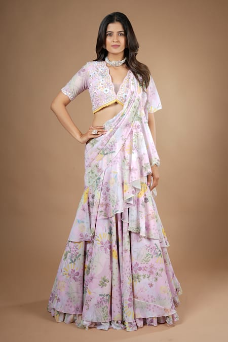 Vana Ethnics Vintage Botanical Print Pre-Draped Saree With Blouse 