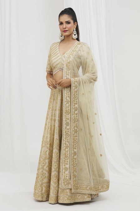 Vandana Sethi Ivory Denim, Silk Embroidery, Mirrors, Gota Patti Embellished Bridal Lehenga Set 