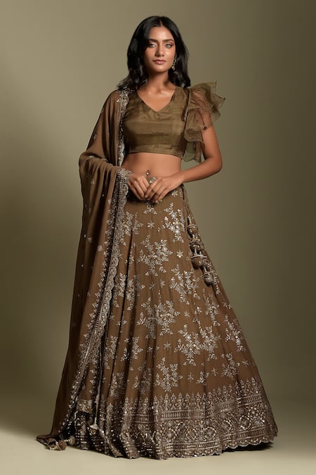 Two Sisters By Gyans Brown Georgette Embroidered Sequin And Resham Thread Work V Lehenga Set 
