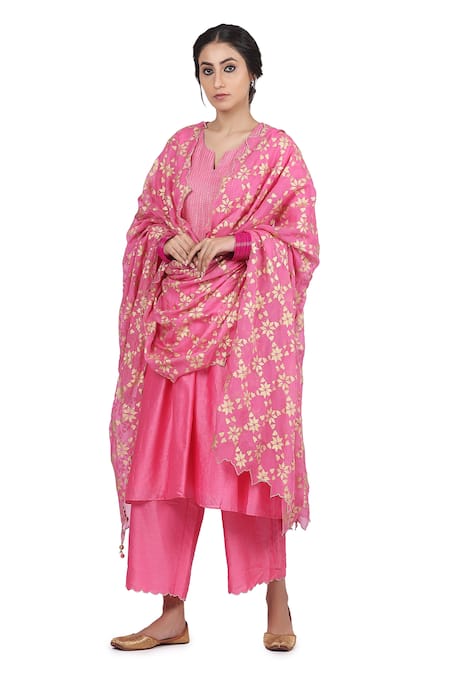 Seema Nanda Pink Chanderi Silk Printed Gota Notched Jheel Pintuck Kurta Set  