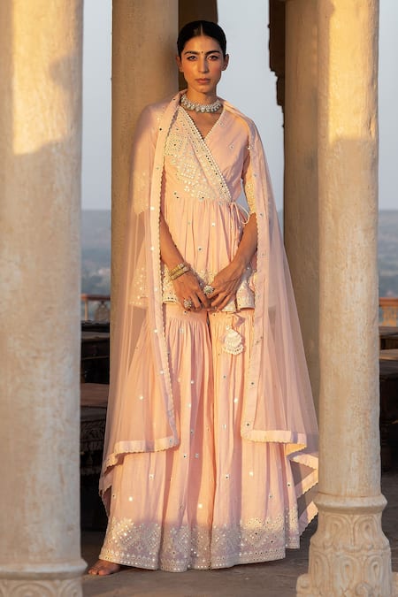 PREEVIN Pink Peplum Top Cotton Mulmul Embroidery Thread Angrakha Sharara Set 