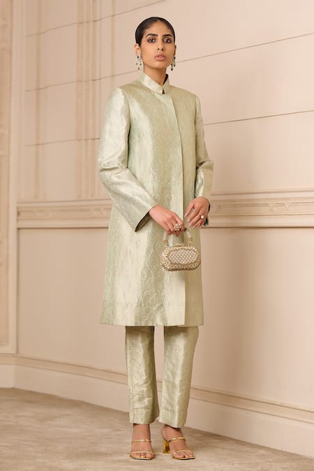 Tarun Tahiliani Ivory Brocade Floral High Neck Jacket And Pant Set 