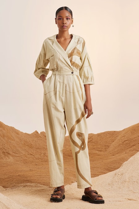 Cord Off White Cotton Crinkle Printed Trail Top Stitch Jumpsuit 