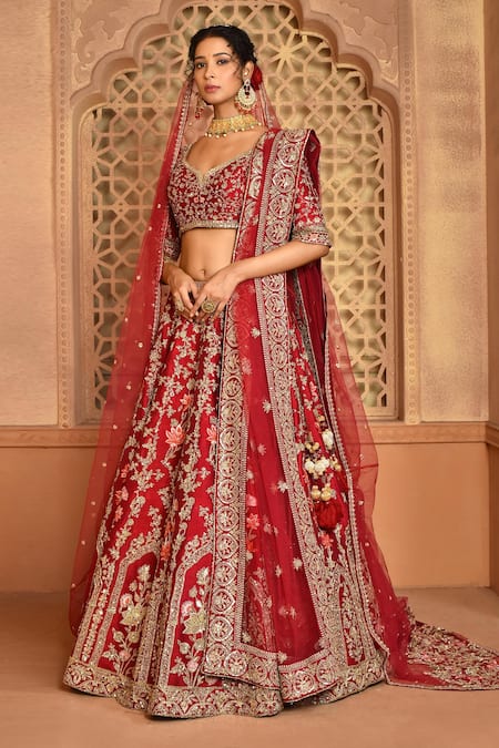 Kalighata Maroon Silk Embroidery V-neck Raw Floral Bridal Lehenga Set 