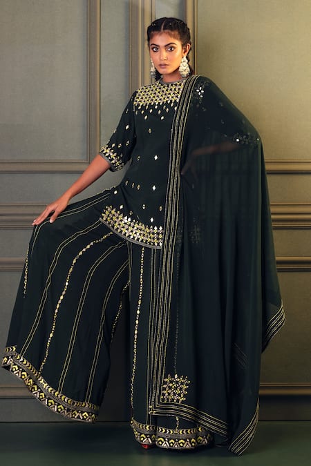 Kaprapan by Anaita Shah Green Moss Crepe Embroidered Thread Round Mirror Kurta Sharara Set 