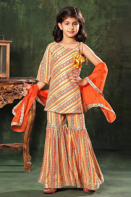 LittleCheer Printed Stripes One Shoulder Kurta Sharara Set 
