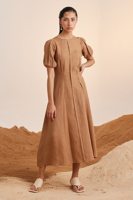 Beige midi dress with linen