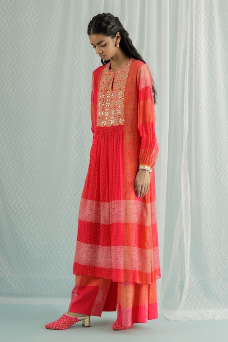 Surbhi Gupta Pink Georgette Block Print Polka Dot Round Zuri Kurta With Trouser  