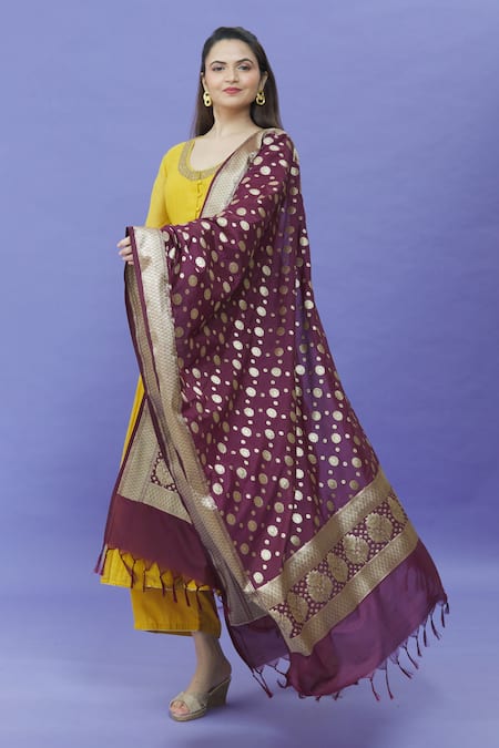 Naintara Bajaj Wine Brocade Embroidery Woven Fringe Hem Dupatta