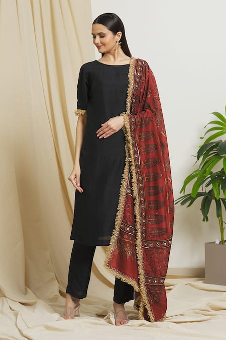 Surendri Black Raw Silk Woven Round Lace Bordered Kurta Set 