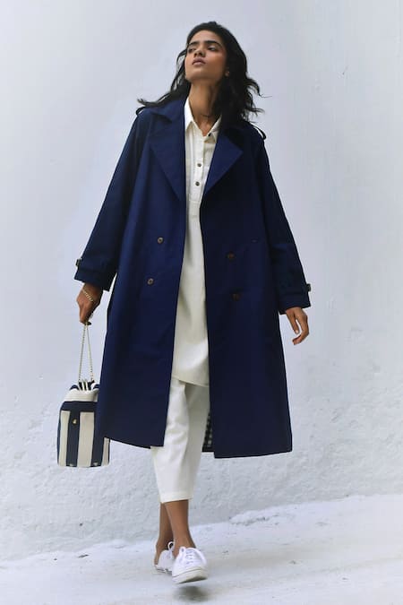 Kharakapas Blue Poplin Lapel Sage Trench Coat  