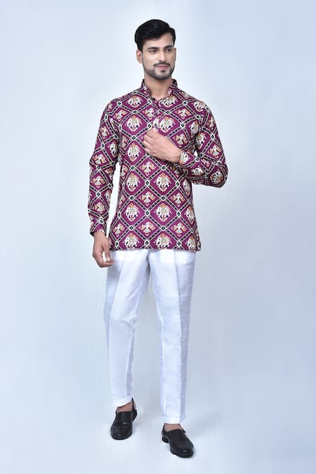 Arihant Rai Sinha Purple Kurta Cotton Printed Elephant And Checkered Patola Set 