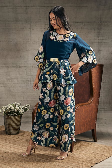 Soup by Sougat Paul Blue Malaysian Silk Printed Floral Guldista Embroidered Top And Flared Pant Set 