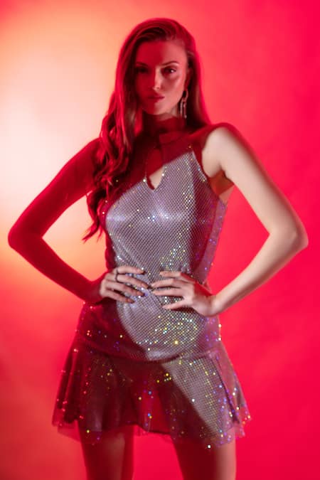 Torqadorn Rhinestone Mesh Ruffle Dress 