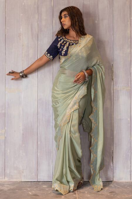 The Home Affair Green Chiffon, , Satin Zig-zag Border Saree With Embellished Blouse at Aza Fashions The Home Affair_Green Chiffon, , Satin Zig-zag Border Saree With Embellished Blouse _at_Aza_Fashions