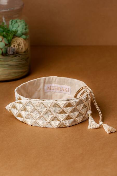 Shop_Mehraki_Ivory Beads And Kasab Embroidered Belt _at_Aza_Fashions