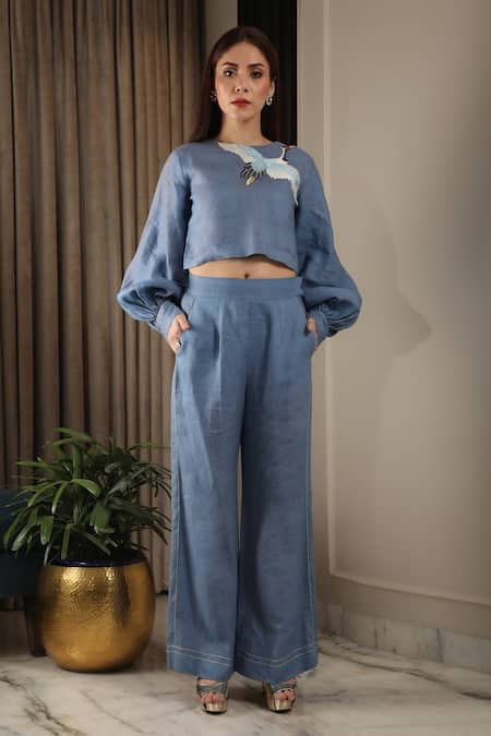 OMANA BY RANJANA BOTHRA Bird Embroidered Top & Pant Set 