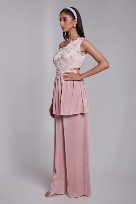 Suruchi Parakh_Pink Crepe, Satin Embroidery Asymmetric Floral One Shoulder Top And Pant Set _Online_at_Aza_Fashions