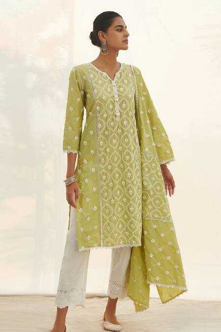 Mulmul Green 100% Pure Mulmul Rivona Panelled Kurta Satari Pant Set 