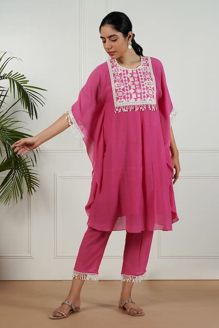 OMI Floral Embroidered Yoke Kaftan & Pant Set 