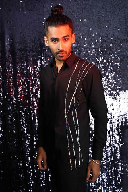 Shop Sanjana Reddy Designs Black Cotton Embroidery Placement Stripe Shirt at Aza Fashions Shop_Sanjana Reddy Designs_Black Cotton Embroidery Placement Stripe Shirt _at_Aza_Fashions