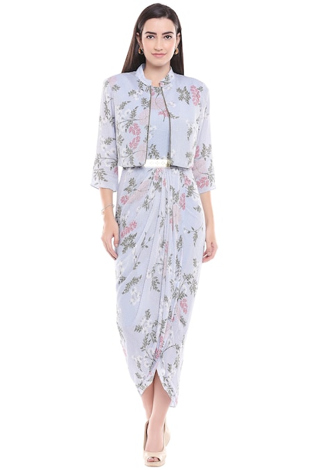 Soup By Sougat Paul Blue Chiffon, Sequin Fabric Dress Round Jacket Band Collar Draped With Online at Aza Fashions Soup By Sougat Paul_Blue Chiffon, Sequin Fabric Dress Round Jacket Band Collar Draped With _Online_at_Aza_Fashions