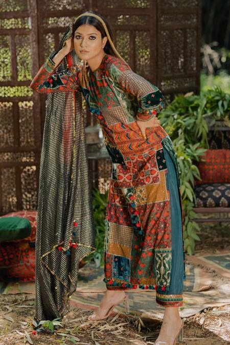 Buy_Pooja-Keyur_Multi Color Cotton, Silk, Velvet, Brocade Embroidery Round Kurta And Palazzo Set_Online_at_Aza_Fashions