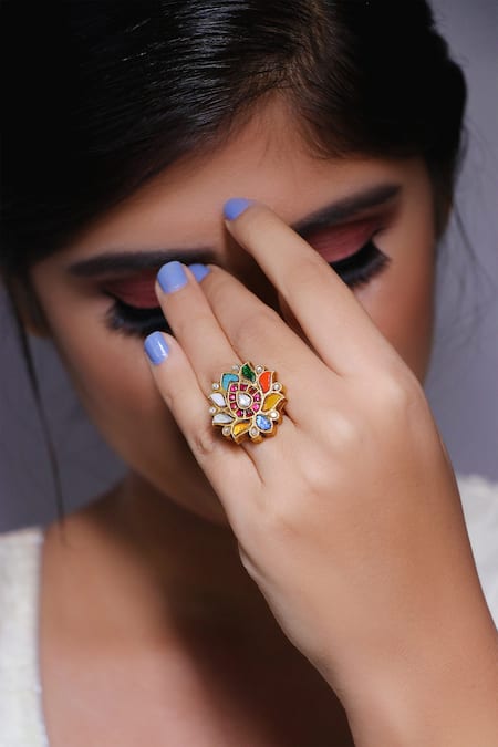 Golden plated multi colour ring, Occasion : Anniversary, Engagement, Gift,  Party, Wedding at Best Price in Jaipur