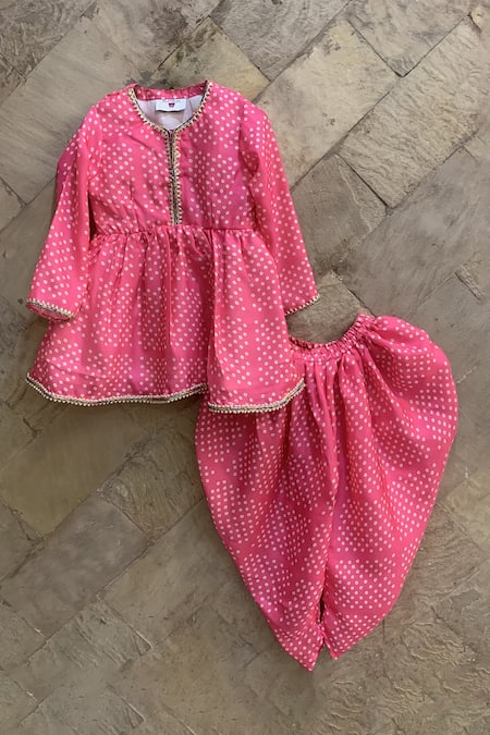 The Plum Bum Pink Georgette, Satin Pearls Bandhani Print Peplum Kurta And Dhoti Pant Set 